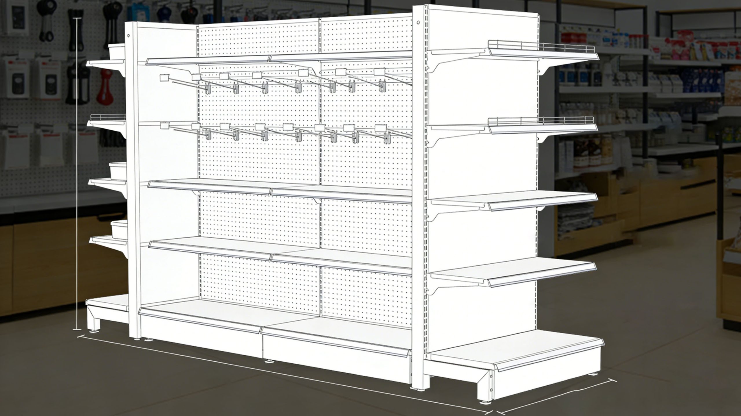 Shelf Routing Gondola Shelving with Integrated Shelf & Hook Kits